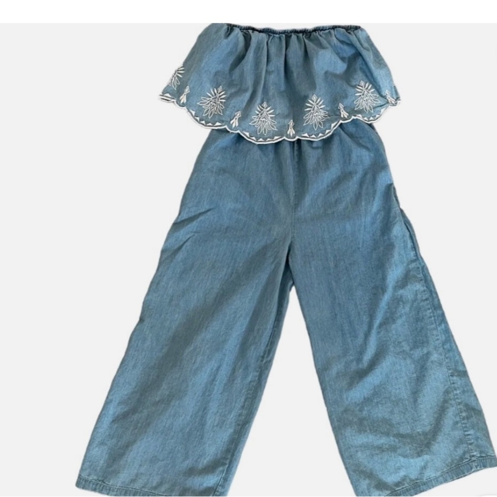 Jessica Simpson Denim Off-Shoulder Jumpsuit with White Embroidery
